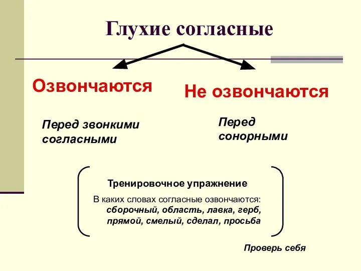 Глухие согласные Озвончаются Не озвончаются Перед звонкими согласными Перед сонорными Тренировочное