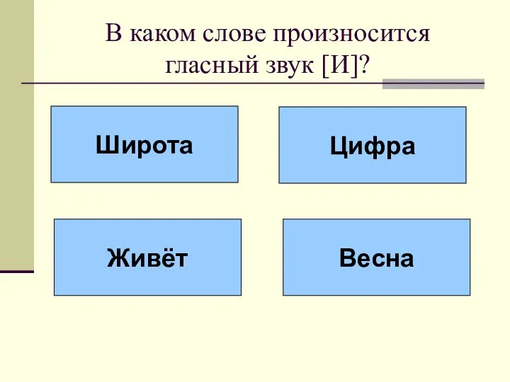 В каком слове произносится гласный звук [И]? Широта Цифра Живёт Весна