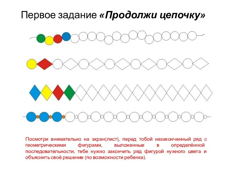 Первое задание «Продолжи цепочку» Посмотри внимательно на экран(лист), перед тобой незаконченный