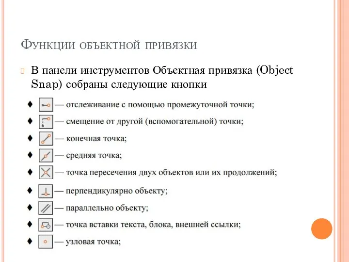 Функции объектной привязки В панели инструментов Объектная привязка (Object Snap) собраны следующие кнопки