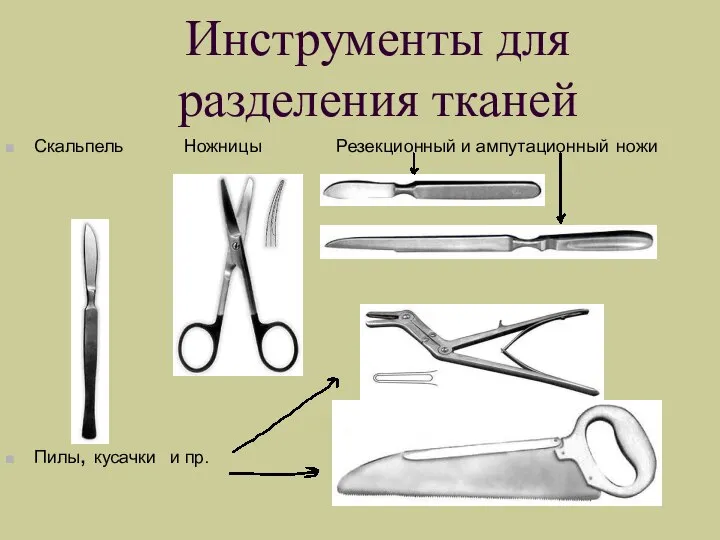 Инструменты для разделения тканей Скальпель Ножницы Резекционный и ампутационный ножи Пилы, кусачки и пр.