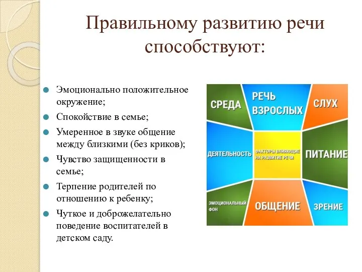 Правильному развитию речи способствуют: Эмоционально положительное окружение; Спокойствие в семье; Умеренное