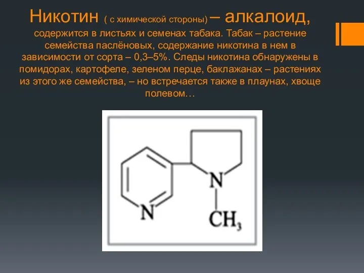 Никотин ( с химической стороны) – алкалоид, содержится в листьях и