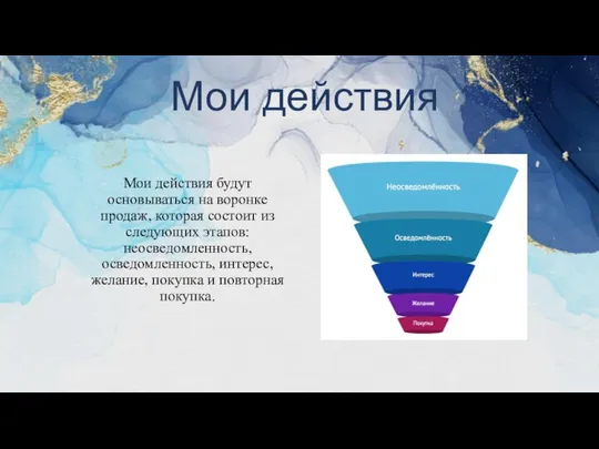 Мои действия будут основываться на воронке продаж, которая состоит из следующих