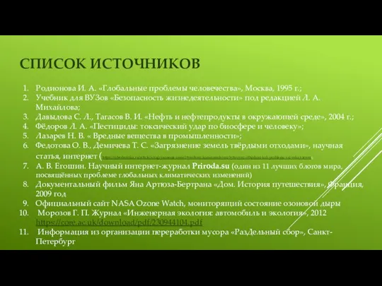 СПИСОК ИСТОЧНИКОВ Родионова И. А. «Глобальные проблемы человечества», Москва, 1995 г.;