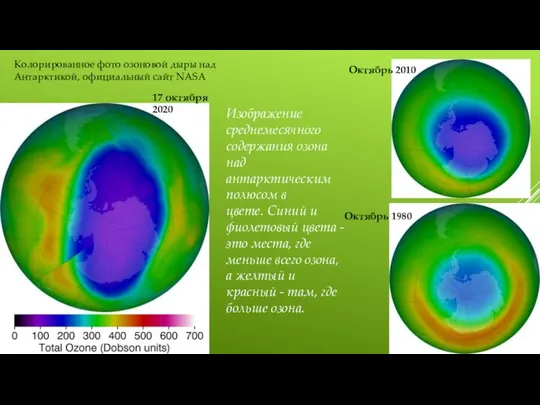 Колорированное фото озоновой дыры над Антарктикой, официальный сайт NASA Изображение среднемесячного