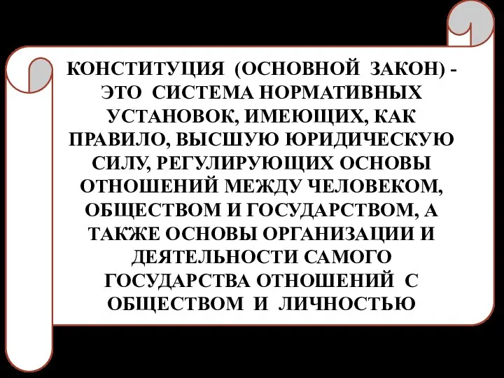 КОНСТИТУЦИЯ (ОСНОВНОЙ ЗАКОН) - ЭТО СИСТЕМА НОРМАТИВНЫХ УСТАНОВОК, ИМЕЮЩИХ, КАК ПРАВИЛО,