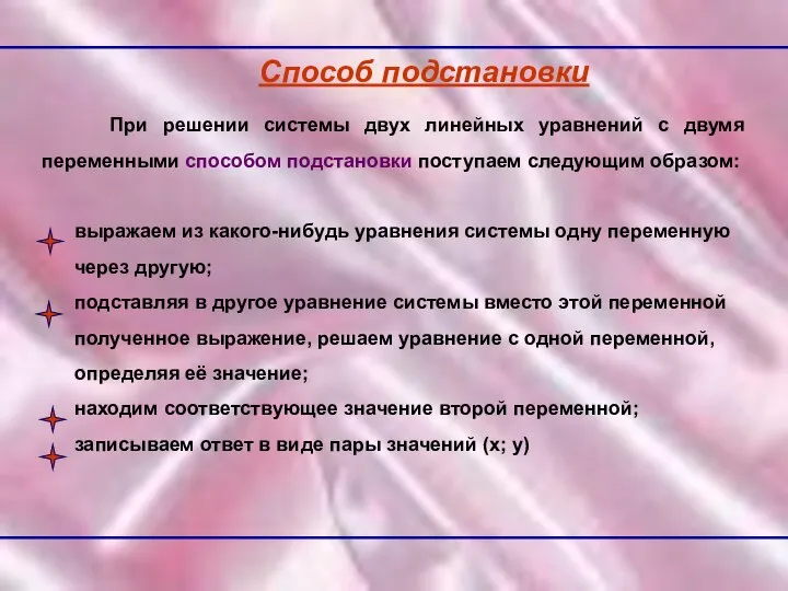 Способ подстановки При решении системы двух линейных уравнений с двумя переменными