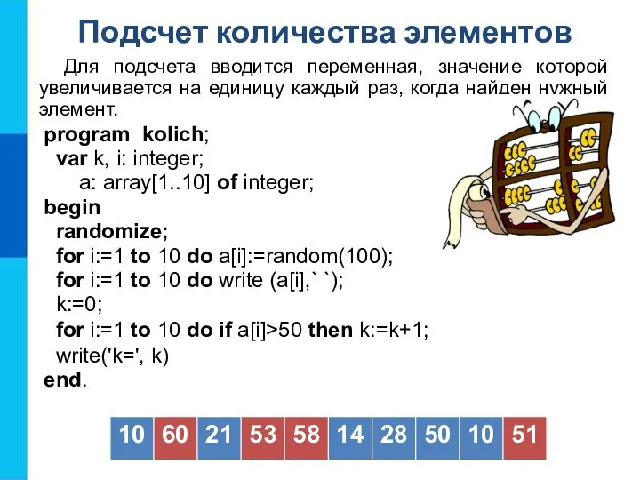 Подсчет количества элементов Для подсчета вводится переменная, значение которой увеличивается на