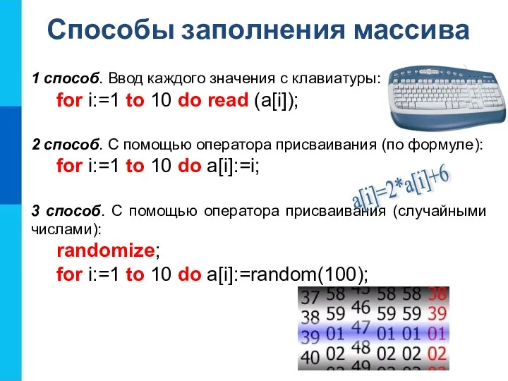 Способы заполнения массива 1 способ. Ввод каждого значения с клавиатуры: for