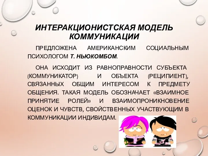 ИНТЕРАКЦИОНИСТСКАЯ МОДЕЛЬ КОММУНИКАЦИИ ПРЕДЛОЖЕНА АМЕРИКАНСКИМ СОЦИАЛЬНЫМ ПСИХОЛОГОМ Т. НЬЮКОМБОМ. ОНА ИСХОДИТ