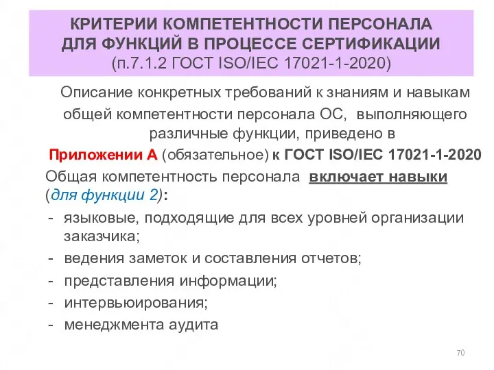 КРИТЕРИИ КОМПЕТЕНТНОСТИ ПЕРСОНАЛА ДЛЯ ФУНКЦИЙ В ПРОЦЕССЕ СЕРТИФИКАЦИИ (п.7.1.2 ГОСТ ISO/IEC