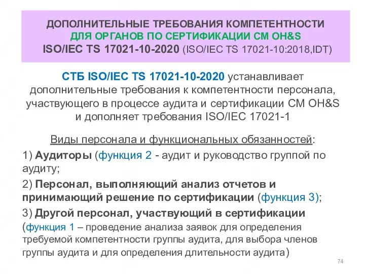 ДОПОЛНИТЕЛЬНЫЕ ТРЕБОВАНИЯ КОМПЕТЕНТНОСТИ ДЛЯ ОРГАНОВ ПО СЕРТИФИКАЦИИ СМ OH&S ISO/IEC TS