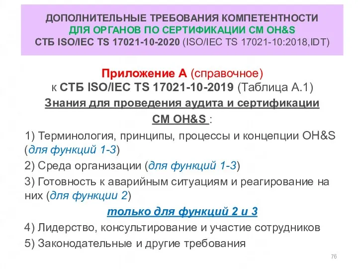 ДОПОЛНИТЕЛЬНЫЕ ТРЕБОВАНИЯ КОМПЕТЕНТНОСТИ ДЛЯ ОРГАНОВ ПО СЕРТИФИКАЦИИ СМ OH&S СТБ ISO/IEC