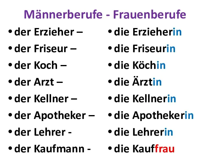 Männerberufe - Frauenberufe der Erzieher – der Friseur – der Koch