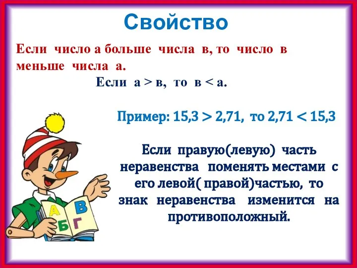 Свойство Если число а больше числа в, то число в меньше