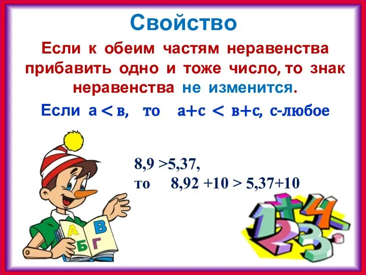 Свойство Если к обеим частям неравенства прибавить одно и тоже число,