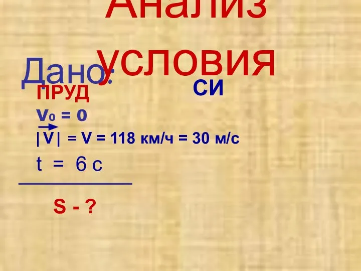 Анализ условия Дано: |V| = V = 118 км/ч = 30