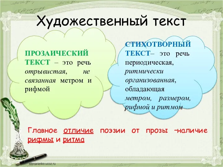 Художественный текст ПРОЗАИЧЕСКИЙ ТЕКСТ – это речь отрывистая, не связанная метром