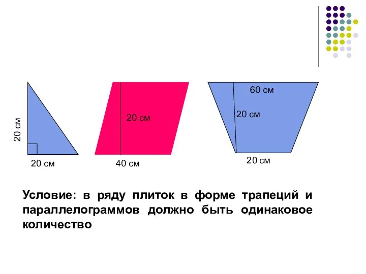 Условие: в ряду плиток в форме трапеций и параллелограммов должно быть одинаковое количество