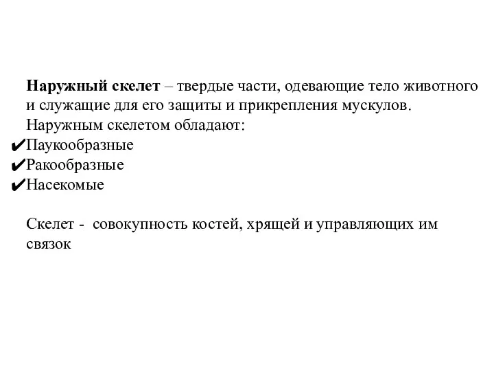 Наружный скелет – твердые части, одевающие тело животного и служащие для