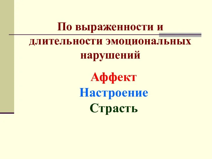 По выраженности и длительности эмоциональных нарушений Аффект Настроение Страсть