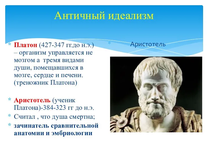 Античный идеализм Платон (427-347 гг.до н.э.) – организм управляется не мозгом