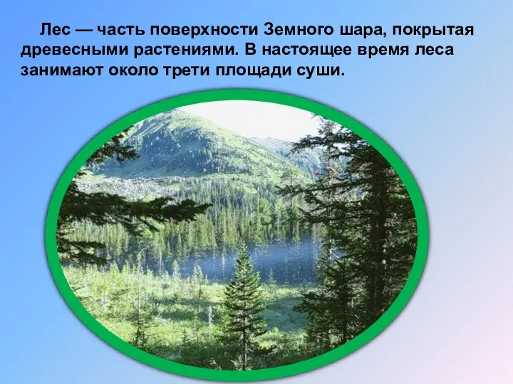 Лес — часть поверхности Земного шара, покрытая древесными растениями. В настоящее