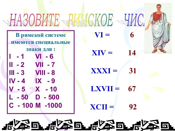 НАЗОВИТЕ РИМСКОЕ ЧИСЛО В римской системе имеются специальные знаки для :