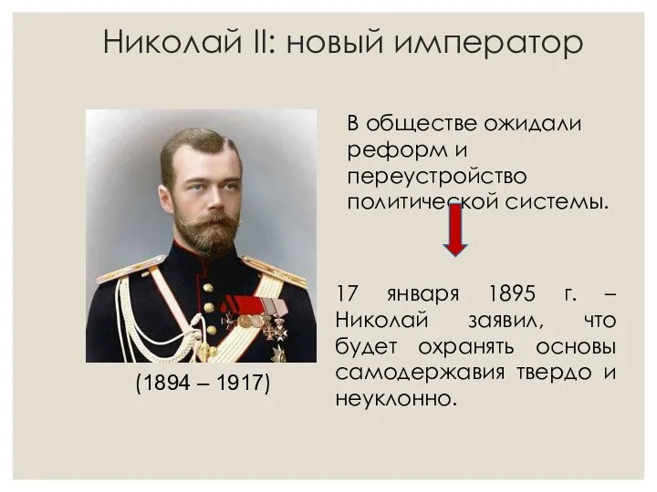 Николай II: новый император (1894 – 1917) В обществе ожидали реформ