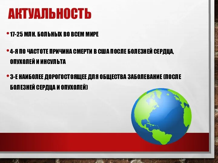 АКТУАЛЬНОСТЬ 17-25 МЛН. БОЛЬНЫХ ВО ВСЕМ МИРЕ 4-Я ПО ЧАСТОТЕ ПРИЧИНА