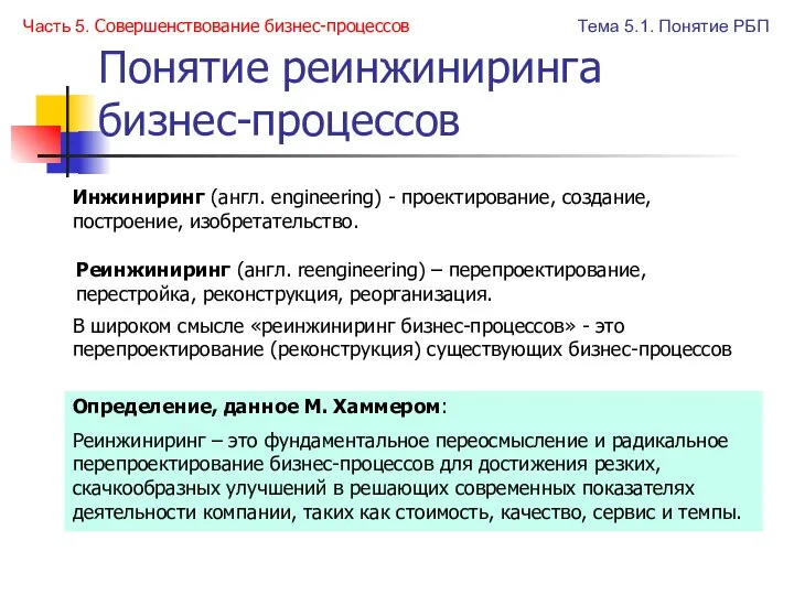 Понятие реинжиниринга бизнес-процессов Инжиниринг (англ. engineering) - проектирование, создание, построение, изобретательство.