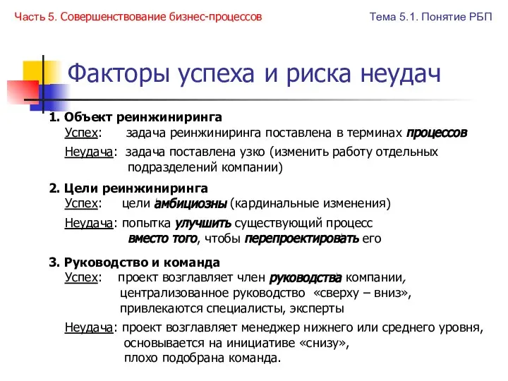 1. Объект реинжиниринга Успех: задача реинжиниринга поставлена в терминах процессов Неудача: