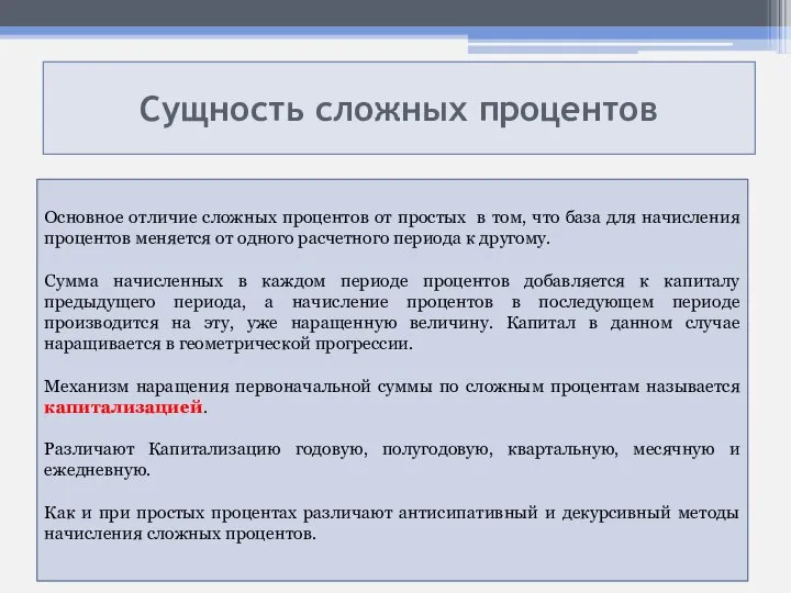 Сущность сложных процентов Основное отличие сложных процентов от простых в том,