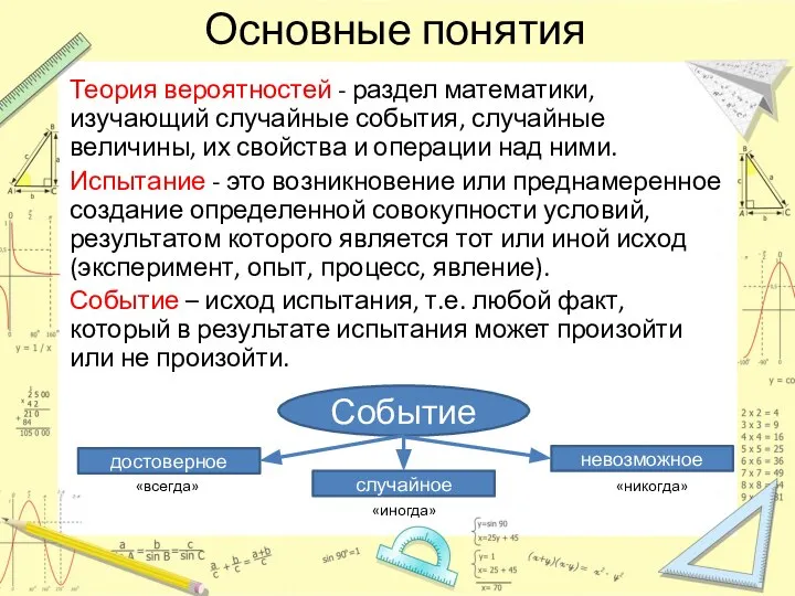 Основные понятия Теория вероятностей - раздел математики, изучающий случайные события, случайные