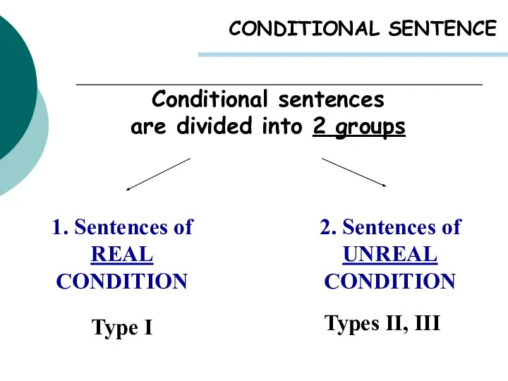 1. Sentences of REAL CONDITION Conditional sentences are divided into 2