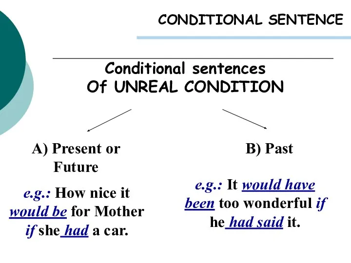 Conditional sentences Of UNREAL CONDITION CONDITIONAL SENTENCE A) Present or Future
