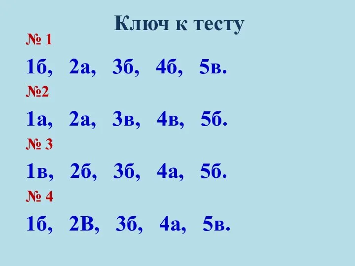 Ключ к тесту № 1 1б, 2а, 3б, 4б, 5в. №2