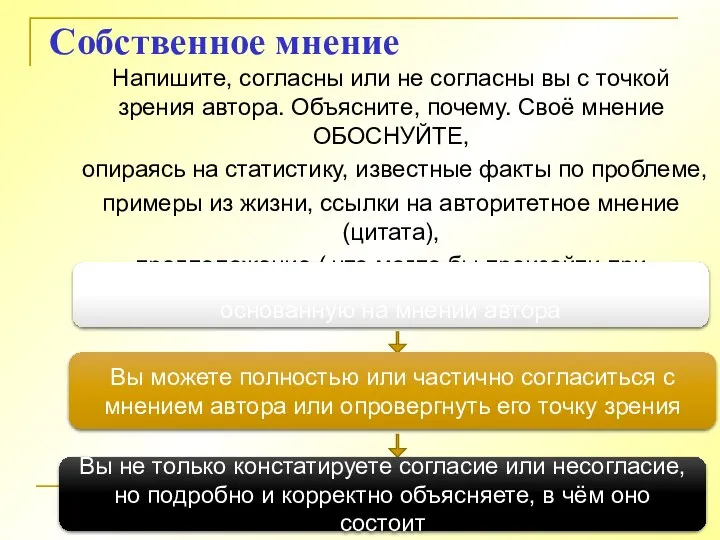 Собственное мнение Напишите, согласны или не согласны вы с точкой зрения