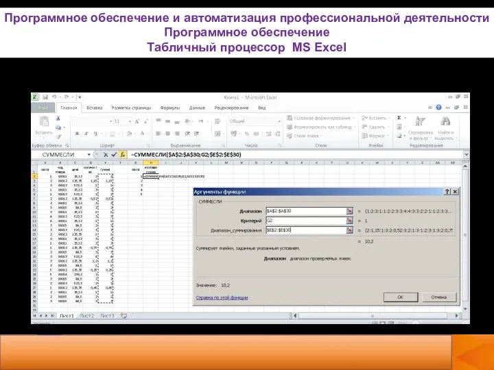 Программное обеспечение и автоматизация профессиональной деятельности Программное обеспечение Табличный процессор MS Excel