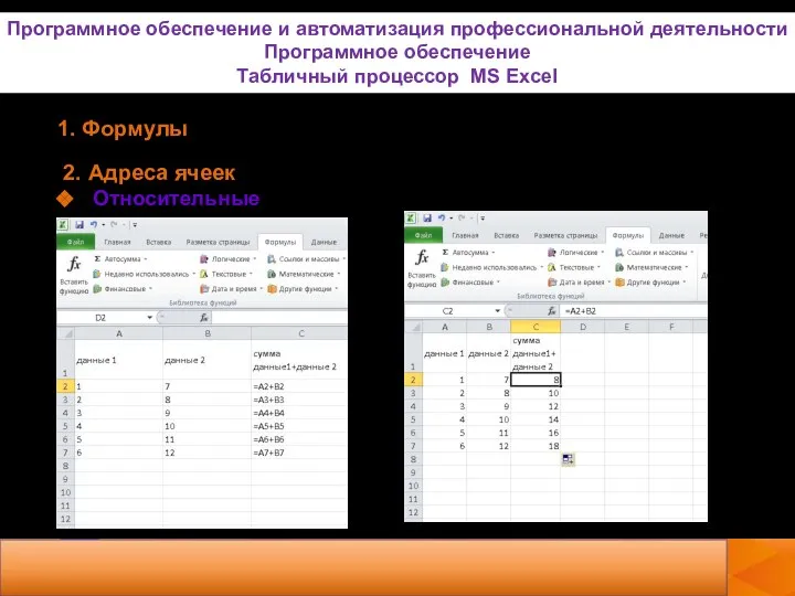 2. Адреса ячеек Относительные 1. Формулы Программное обеспечение и автоматизация профессиональной