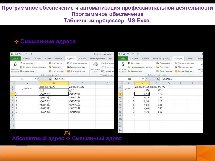 Смешанные адреса Абсолютный адрес -> Смешанный адрес F4 Программное обеспечение и