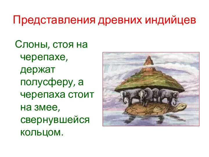 Представления древних индийцев Слоны, стоя на черепахе, держат полусферу, а черепаха стоит на змее, свернувшейся кольцом.