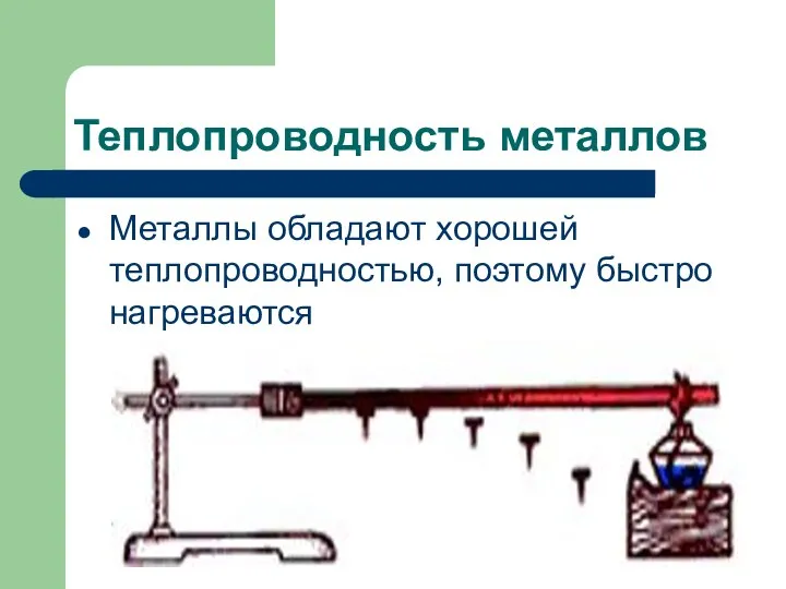 Теплопроводность металлов Металлы обладают хорошей теплопроводностью, поэтому быстро нагреваются