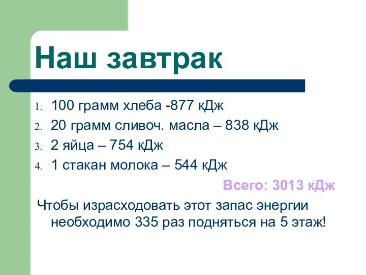 Наш завтрак 100 грамм хлеба -877 кДж 20 грамм сливоч. масла