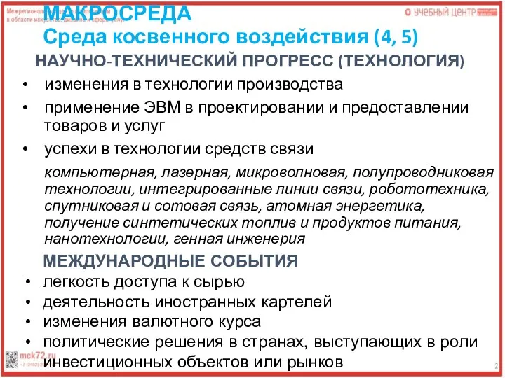 МАКРОСРЕДА Среда косвенного воздействия (4, 5) НАУЧНО-ТЕХНИЧЕСКИЙ ПРОГРЕСС (ТЕХНОЛОГИЯ) изменения в