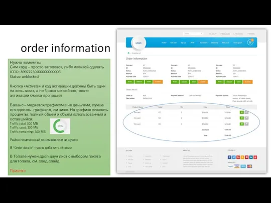 order information Нужно поменять: Сим кард – просто заголовок, либо иконкой