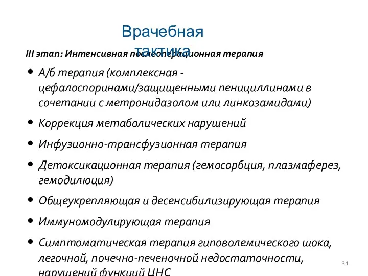 III этап: Интенсивная послеоперационная терапия А/б терапия (комплексная - цефалоспоринами/защищенными пенициллинами