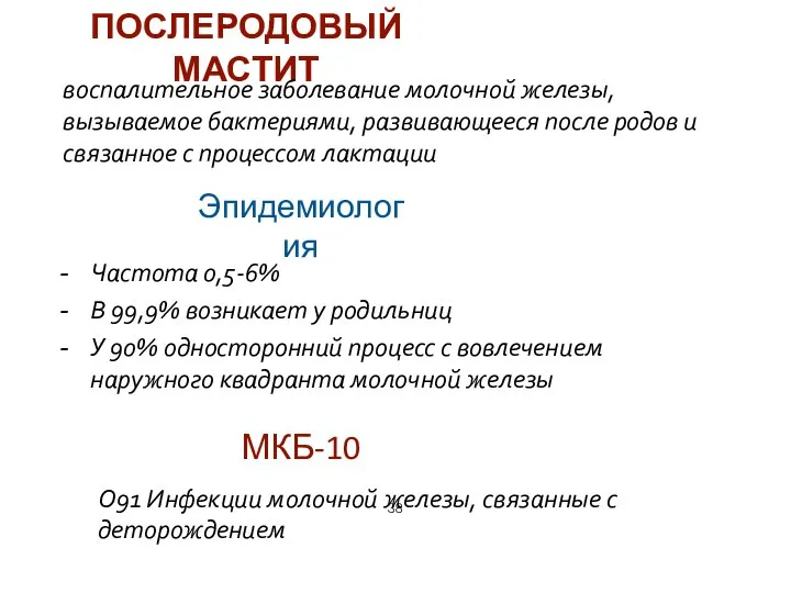 Частота 0,5-6% В 99,9% возникает у родильниц У 90% односторонний процесс