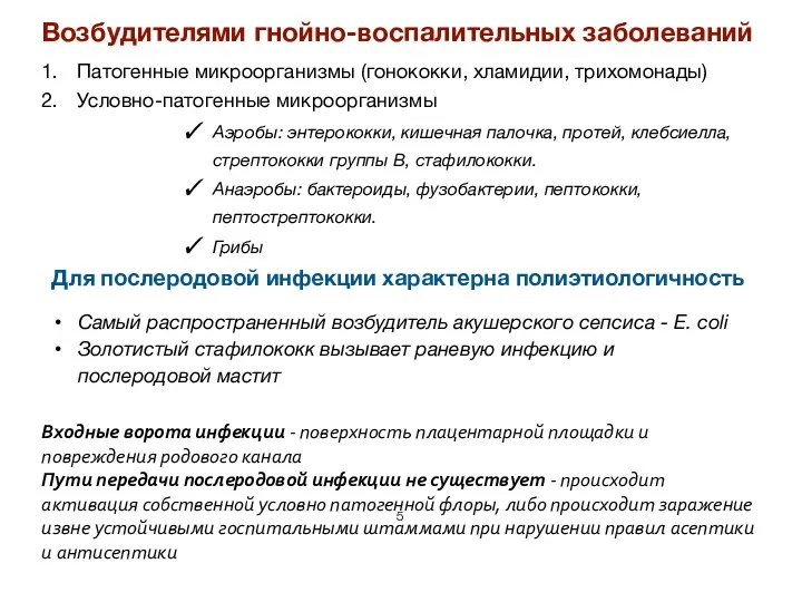 Возбудителями гнойно-воспалительных заболеваний Пато­генные микроорганизмы (гонококки, хламидии, трихомо­нады) Условно-патогенные микроорганизмы Аэробы: